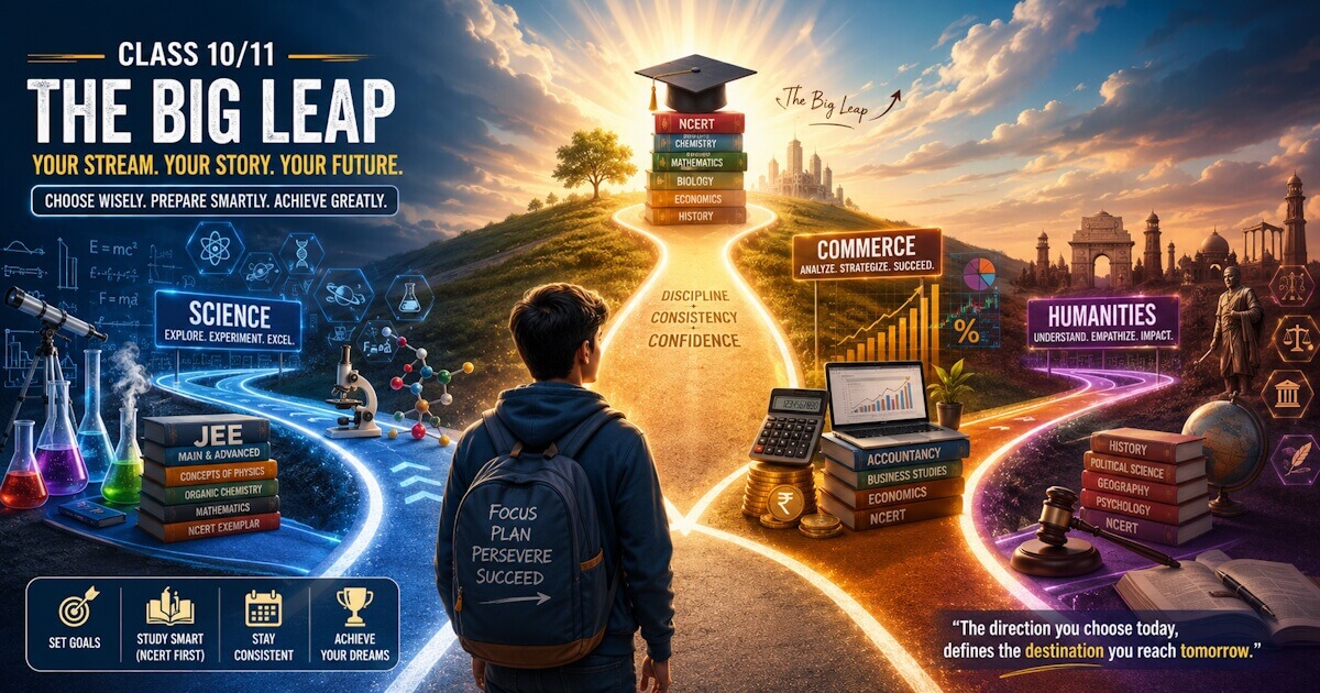 A student standing at a crossroads choosing between Science, Commerce, and Humanities streams for Class 11, with JEE preparation materials and motivational text overlaid on a dramatic sky background