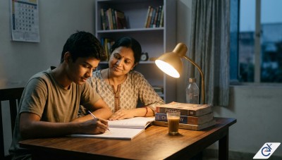A parent sitting beside their child who is studying for JEE or NEET, offering quiet support at home