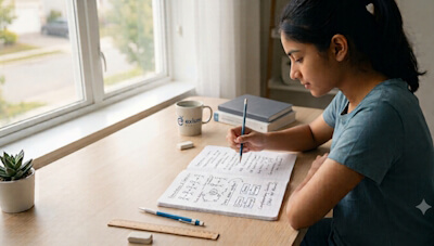 Class 11 student studying permutations and combinations with handwritten counting diagrams in a notebook