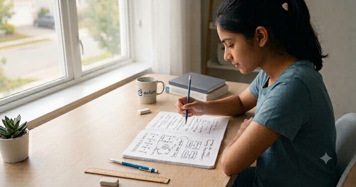 Class 11 student studying permutations and combinations with handwritten counting diagrams in a notebook